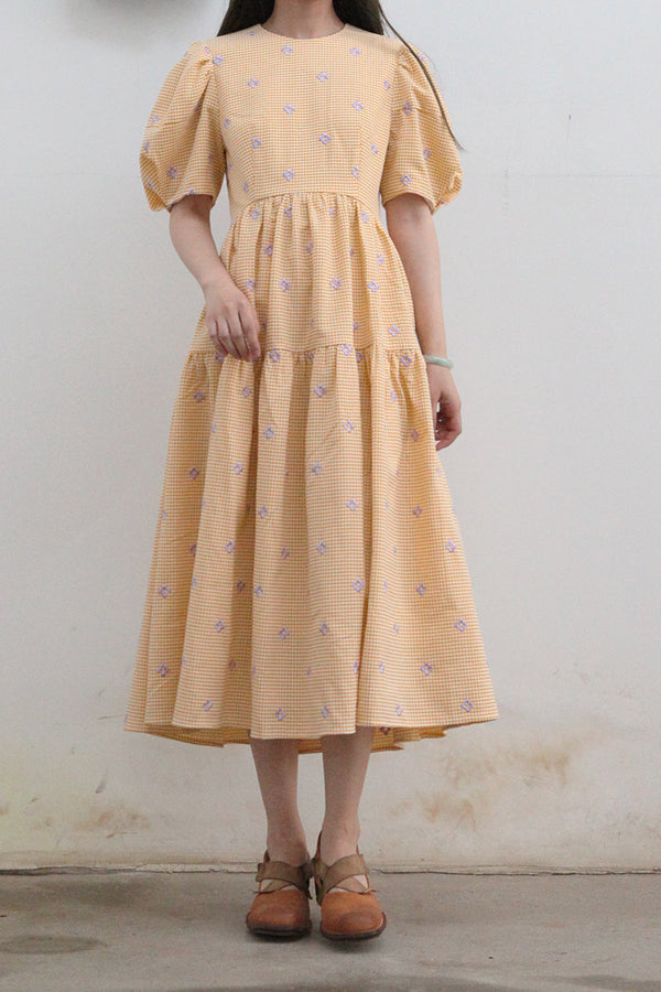 MING MA Puff sleeve pleated dress AW21-DR17-YWPR